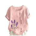 thumbnail image 1 of FAVIPT Linen Shirts for Women Short Sleeve Crew Neck Tops Boho Floral Print Fashion Blouses Basic Camp Button Tees Summer 2025 Pink,L, 1 of 4