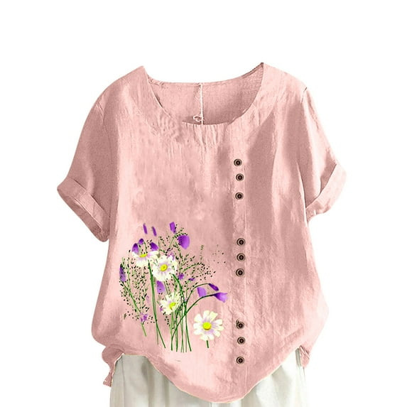 FAVIPT Linen Short Sleeve Shirt Women Bohemian Floral Print Camp Blouses Casual Dressy Summer 2025 Tops Button Up Crew Neck Tees Pink,XXXXXL