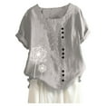 thumbnail image 1 of FAVIPT Linen Short Sleeve Shirts for Women Bohemian Floral Print Soft Blouses Crew Neck Button Up Tops Casual Fashion Summer 2025 Tees Gray,XXXXL, 1 of 3