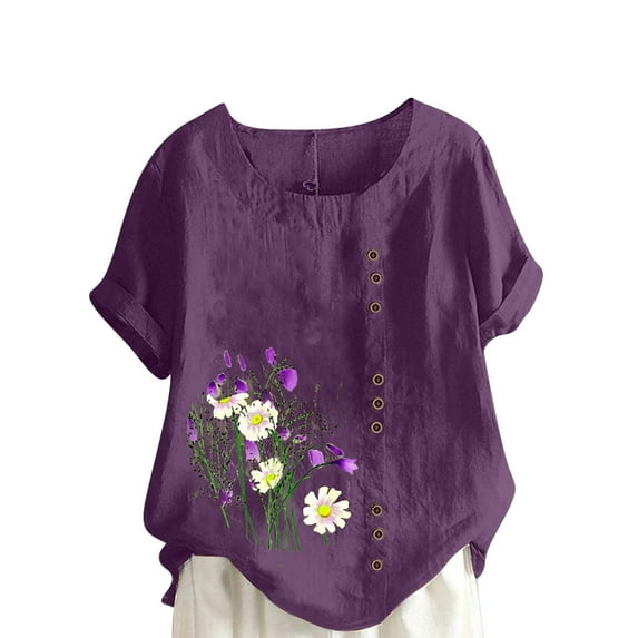 FAVIPT Linen Short Sleeve Shirts for Women Bohemian Floral Print Soft Blouses Crew Neck Button Up Tops Casual Fashion Summer 2025 Tees Purple,XXXL