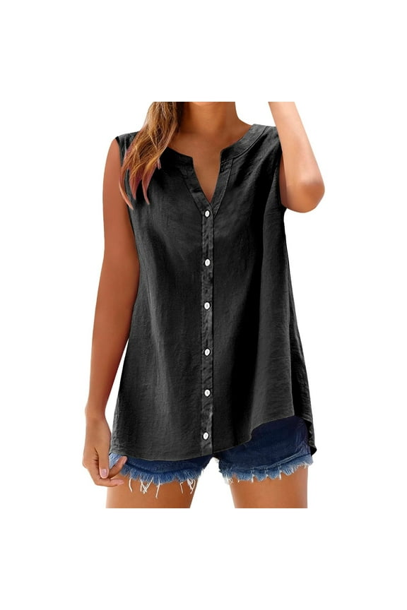 Linen Tank Tops for Women Button Down Sleeveless V Neck Loose Fit Shirts Summer Casual Tunic Blouses Dressy Trendy Cotton Linen Tank Shirt Top 2025 Black,XXL