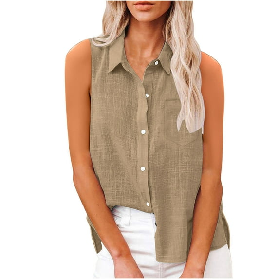 FAVIPT Linen Tank Tops for Women Loose Fit Plain Button Down Shirts Loose V Neck Collared Gauze Blouses Casual Fashion Summer 2025 Tees Khaki,S
