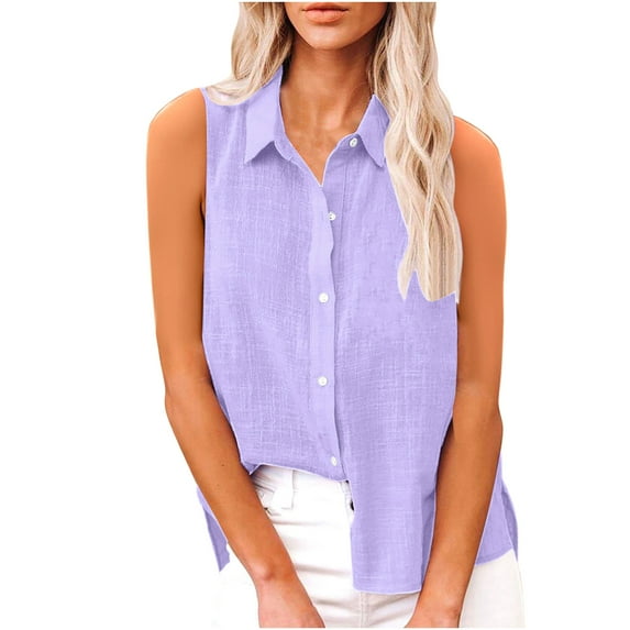 FAVIPT Linen Tank Tops for Women Sleeveless Collared Tops Gauze Button Up Blouses Work Shirts Casual Summer Tshirt 2025 Purple,XXXL