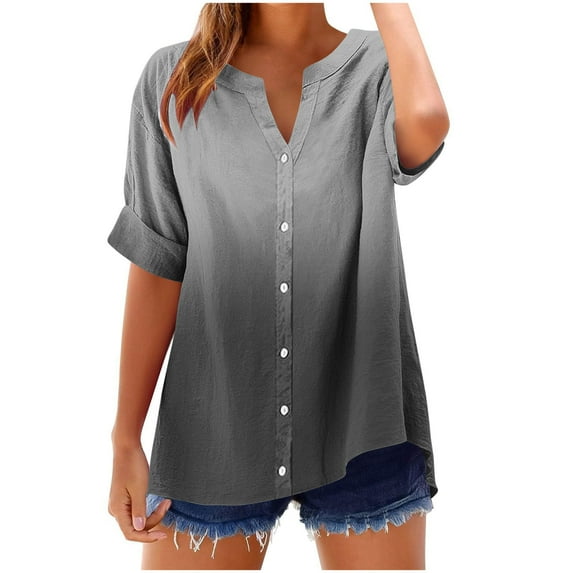 FAVIPT Linen Top for Women Casual Fashion Summer 2025 Loose Shirts Short Sleeve Button Up Tunic Tees Gradient Print V Neck Blouses Black,M