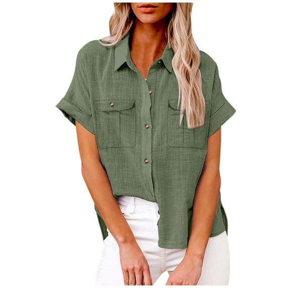 FAVIPT Linen Tops for Women Roll Up Short Sleeve V Neck T Shirt Button Down Solid Color Shirts Collared Casual Dressy Summer 2025 Blouses with Two Pockets Green,M