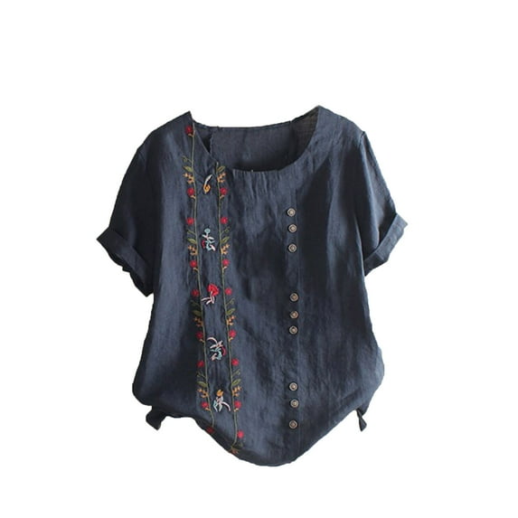 FAVIPT Linen Tops for Women Cotton Short Sleeve Round Neck Blouses Casual Dressy Summer 2025 Tops Elegant Floral Print Tees Navy,S