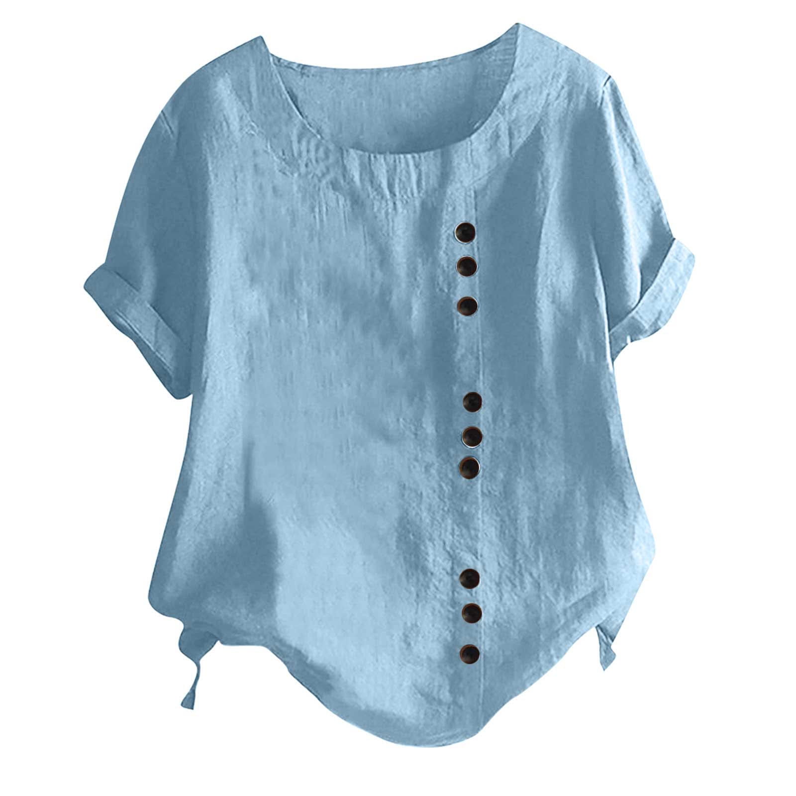 FAVIPT Linen Tops for Women Cotton Short Sleeve Round Neck Blouses ...