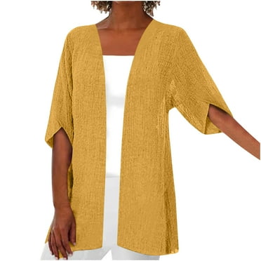 FAVIPT Linen Tops for Women Summer Half Sleeve Open Front Cover Ups Lightweight Solid Color Beach Coats Casual Loose Flowy 2025 Cardigan Yellow,L