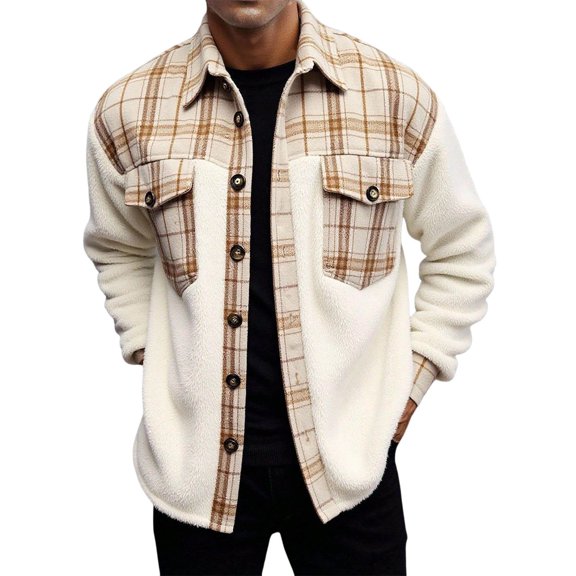 FAVIPT Long Sleeve Plaid Shirt Jacket for Men Lapel Casual Fashion Tops Brushed Button Up Loose Blouses Patchwork Pocket Shacket White,L