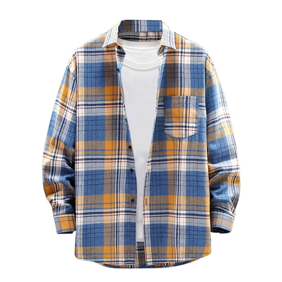 FAVIPT Long Sleeve Plaid Shirt Jacket for Men Lapel Casual Fashion Tops Lightweight Button Up Loose Blouses Relaxed Pocket Shacket Dark Blue,XL