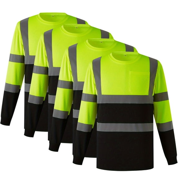 FAVIPT Long Sleeve Reflective Work Shirts for Men with Pocket 2025 High Visibility Safety T-Shirt for Construction Pack of 4 Yellow,L