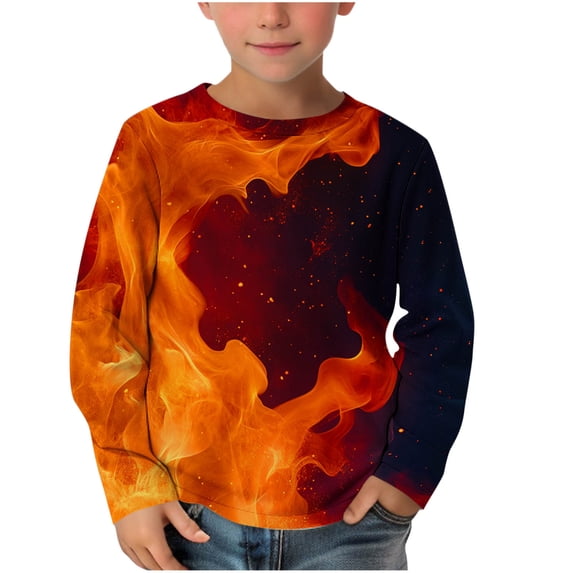 FAVIPT Long Sleeve Shirts for Boys Flame Print Crew Neck Colorful T Shirts Casual Loose Fashion Graphic Pullover Tops Orange,5 Years