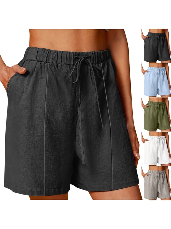 Loose Cotton Shorts for Women Elastic High Waisted Drawstring Wide Leg Shorts Casual Comfy Summer Pockets Shorts Gray,XL