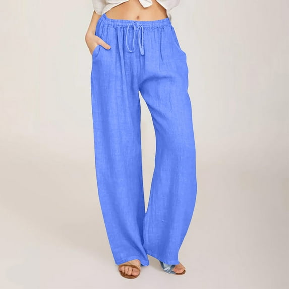 FAVIPT Loose Linen Pants Women Cotton Linen Pants for Women Summer Wide Leg Casual Loose Drawstring High Waist Palazzo Pants Trousers with Pockets Blue,XXL