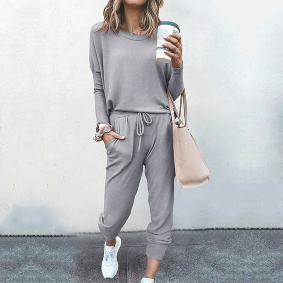 FAVIPT Lounge Sets for Women Solid Sweatsuits Sets Two Piece Fall Travel Outfit Long Sleeve Pant Workout Athletic Tracksuits Gray L