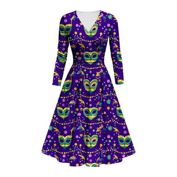 FAVIPT Mardi Gras Dress for Women Sparkly Dresses V Neck Long Sleeve Cocktail Swing Dress Carnival Party Dress 2025 Multicolor,L