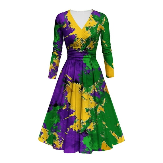 FAVIPT Mardi Gras Dress for Women Sparkly Dresses V Neck Long Sleeve Cocktail Swing Dress Carnival Party Dress 2025 Multicolor,M
