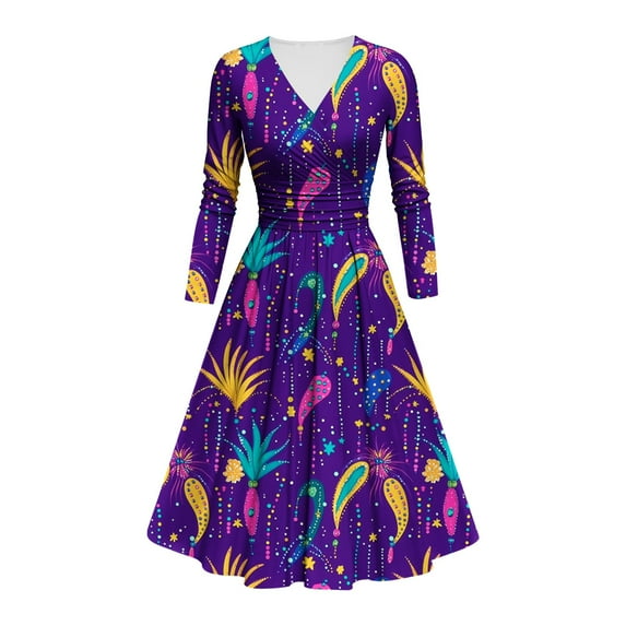 FAVIPT Mardi Gras Dress for Women Sparkly Dresses V Neck Long Sleeve Cocktail Swing Dress Carnival Party Dress 2025 Multicolor,M