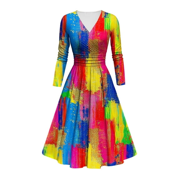 FAVIPT Mardi Gras Dress for Women Sparkly Dresses V Neck Long Sleeve Cocktail Swing Dress Carnival Party Dress 2025 Multicolor,XL