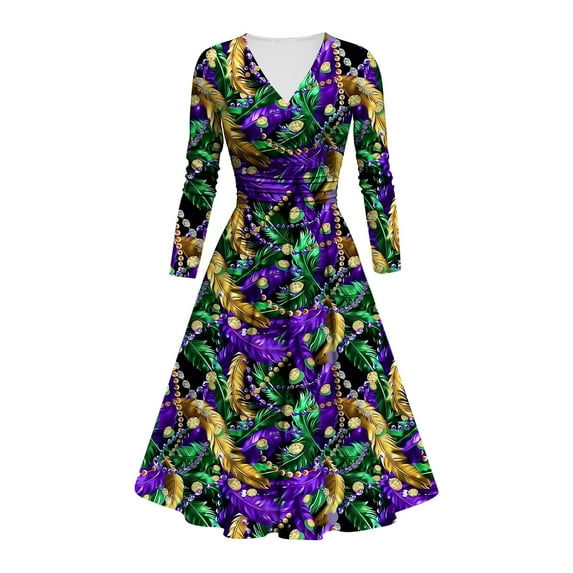 FAVIPT Mardi Gras Dress for Women Sparkly Dresses V Neck Long Sleeve Cocktail Swing Dress Carnival Party Dress 2025 Multicolor,XXL