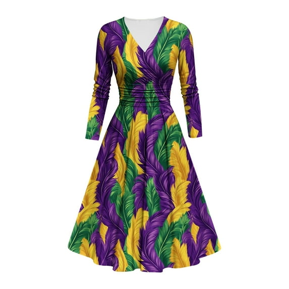 FAVIPT Mardi Gras Dress for Women V Neck Long Sleeve Carnival Printed Midi Dress Empire Waist Wrap Pleated Party Dress 2025 Multicolor,L