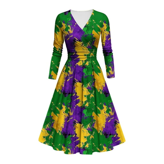 FAVIPT Mardi Gras Dress for Women V Neck Long Sleeve Carnival Printed Midi Dress Empire Waist Wrap Pleated Party Dress 2025 Multicolor,XL
