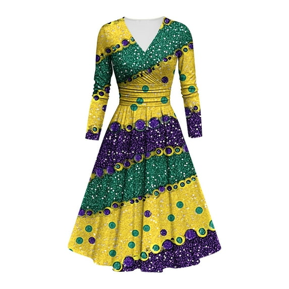 FAVIPT Mardi Gras Dress for Women V Neck Long Sleeve Carnival Printed Midi Dress Empire Waist Wrap Pleated Party Dress 2025 Multicolor,XL