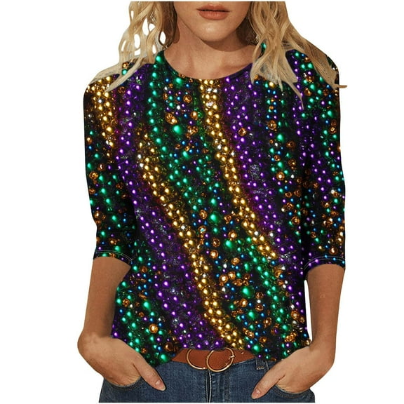 FAVIPT Mardi Gras Shirts for Women Sequin 3/4 Sleeve Mask Graphic Blouse Carnival Themed Tees Party 3D Print Tops Parade Tshirt 2025 Multicolor,XXXL