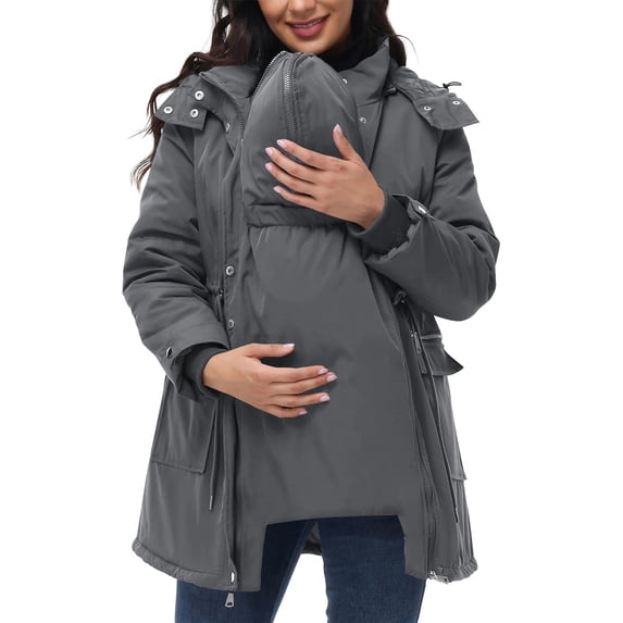 FAVIPT Maternity Coats for Women Thickened Quilted 3 in 1 Puffer Jacket Fleece Lined Thermal Warm Hooded Outwear with Pockets Dark Gray,S
