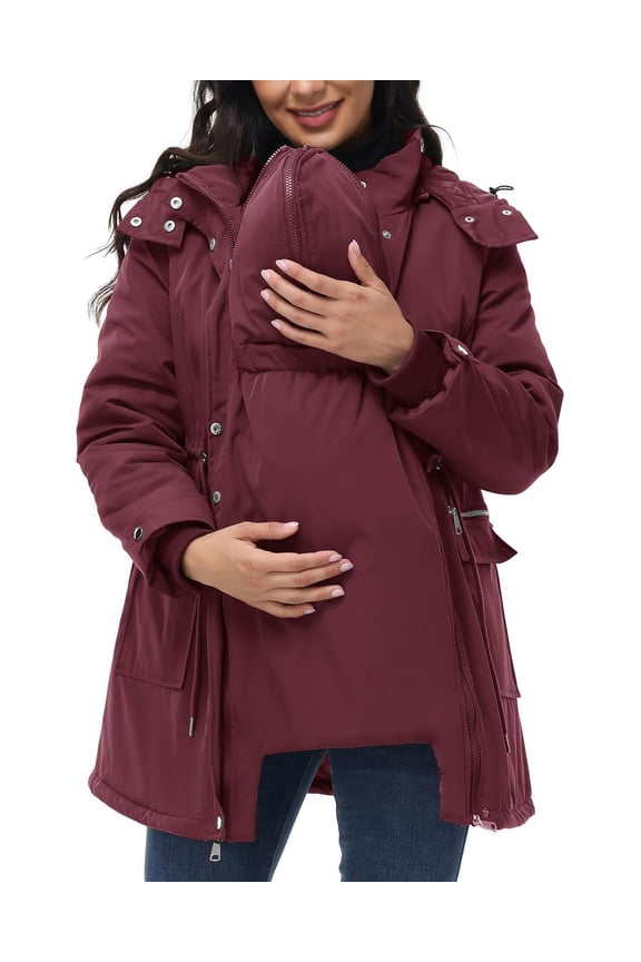 Maternity Hooded Coats for Women Zip Up Button 3 in 1 Baby Wearing Jackets Thickened Quilted Puffer Outerwear with Pockets Red,M