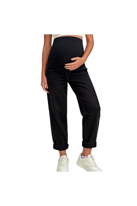 Maternity Jeans for Women Over Belly Rolled Hem Denim Pants Solid Elastic High Waist Straight Leg Pant Black,M