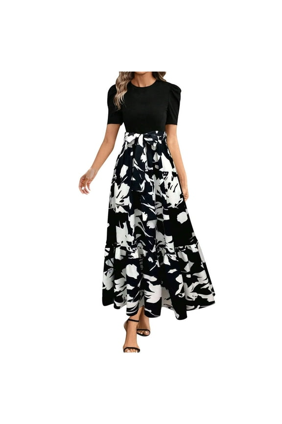 Maxi Long Dresses for Women 2025 Elegant Floral Print Casual Dress Short Sleeve Round Neck Dresses Flowy Trendy Summer Dress Black,XXL