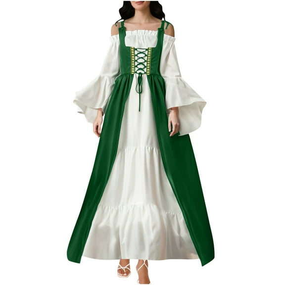 FAVIPT Medieval Dress Renaissance Costume Women Batwing Long Sleeve Corset Dresses Off Shoulder Vintage Patchwork Costumes Fairy Bandage Maxi Dress Green,S