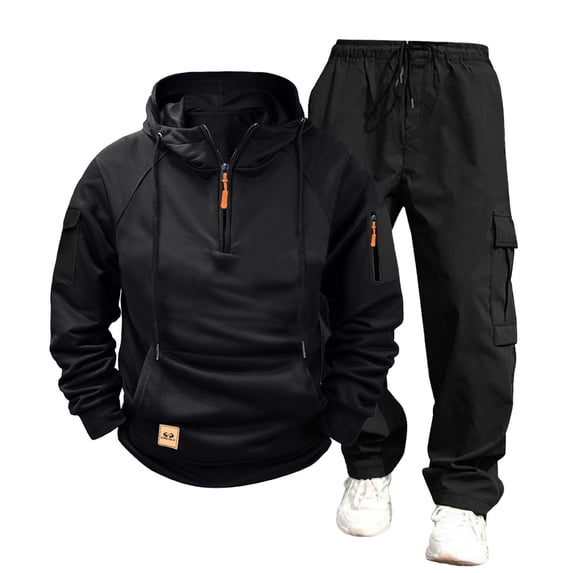 FAVIPT Men 1/4 Zip Tactical Sweatshirt 2 Piece Set Cargo Hoodies and Sweatpants Outdoor Athletic Workout Casual Tracksuits with Pockets Black,XL