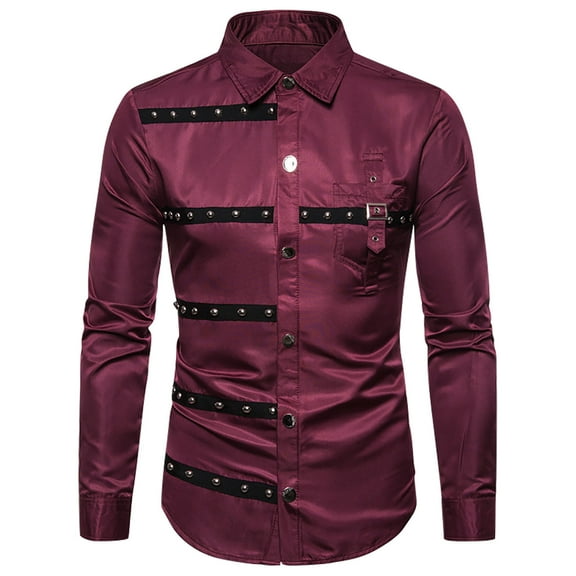 FAVIPT Men Gothic Dress Shirts Long Sleeve Button Down Tops Lapel Plain Rivet Shirt for Party Wine,L