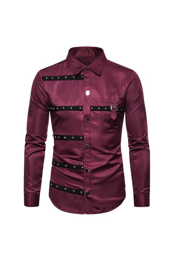 Men Gothic Dress Shirts Long Sleeve Button Down Tops Lapel Plain Rivet Shirt for Party Wine,L