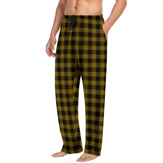 FAVIPT Men Plaid Pajama Pants Lightweight Flannel Soft Pj Straight Leg Drawstring Loungewear Sleep Casual Loose Bottoms with Pockets 2025 Gold,S