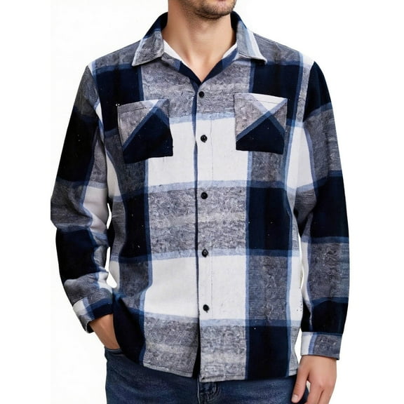 FAVIPT Men's Button Down Plaid Shirts Lapel Long Sleeve Tops Brushed Loose Blouses Relaxed Fit Casual Shacket with Pockets Black,L