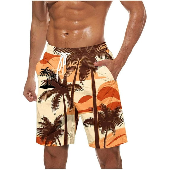 FAVIPT Men's Elastic High Waisted Casual Summer Shorts Quick Dry Drawstring Hawaiian Shorts Tropical Board Surf Beach Shorts with Pockets Khaki,L
