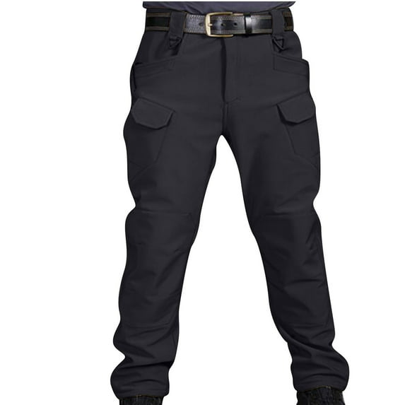 FAVIPT Men's Fleece Lined Work Pants Thicken Durable Ripstop Tactical Pants Button Zipper Waistband Cargo Pants with Pockets Black,XXL