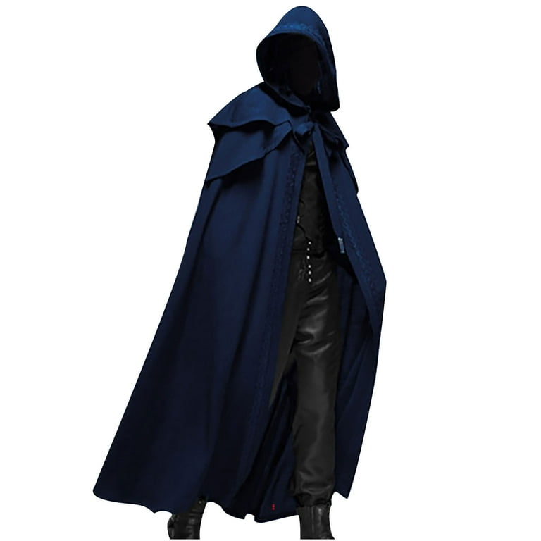 FAVIPT Men s Hooded Cape Robe Cloak Knight Wizard Tunic Robes Retro Solid Color Long Coats Black Cloak Cape for Kids Adult Walmart