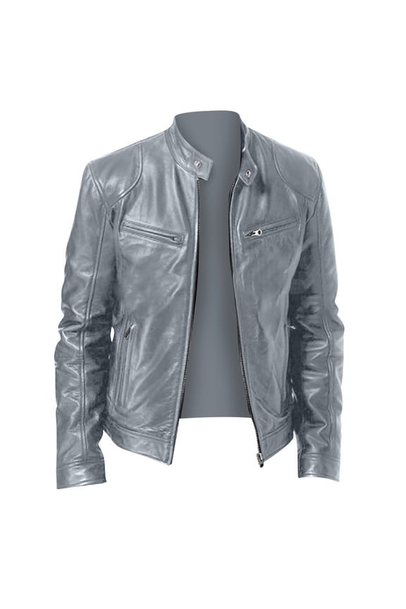 Men's Leather Jackets and Coats Casual Trendy Faux Leather Coats Long Sleeve Stand Collar Coats Plain Full Zipper Outerwears Gray,XXXXL