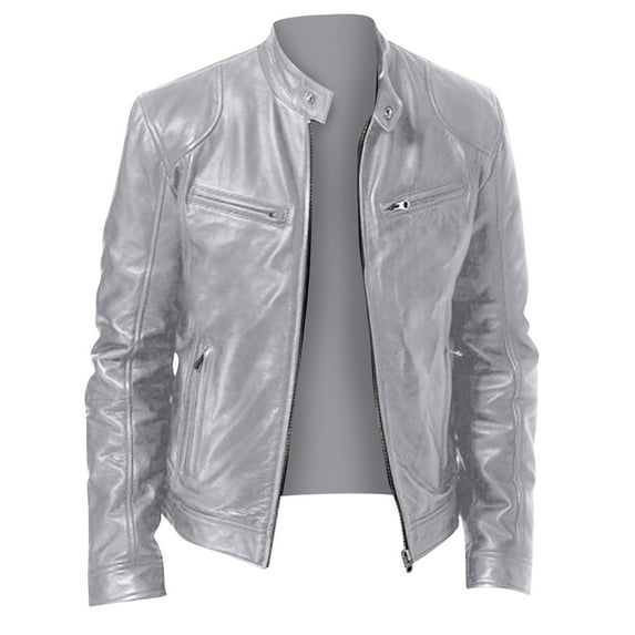 FAVIPT Men's Leather Jackets and Coats Casual Trendy Faux Leather Coats Long Sleeve Stand Collar Coats Plain Full Zipper Outerwears Silver,M
