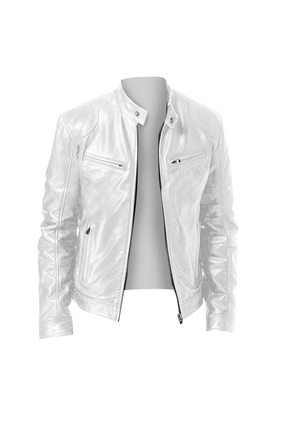 Men's Leather Jackets and Coats Casual Trendy Faux Leather Coats Long Sleeve Stand Collar Coats Plain Full Zipper Outerwears White,XXXXXL