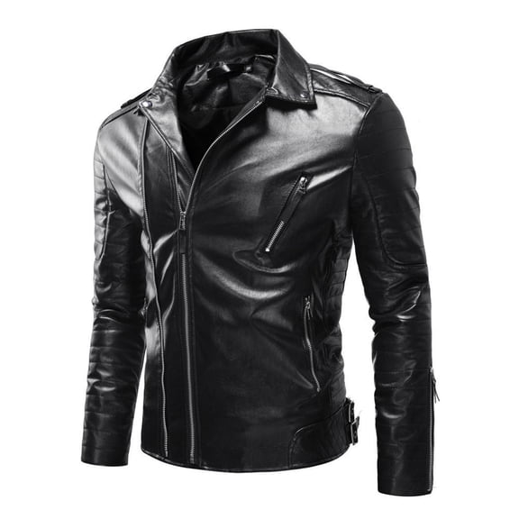 FAVIPT Men's Leather Motorcycle Jackets Casual Trendy PU Leather Coats Long Sleeve Plain Lapel Coats Zip Up Slim Lightweight Jackets Black,M