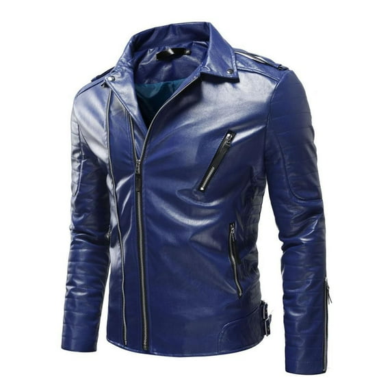 FAVIPT Men's Leather Motorcycle Jackets Casual Trendy PU Leather Coats Long Sleeve Plain Lapel Coats Zip Up Slim Lightweight Jackets Blue,L