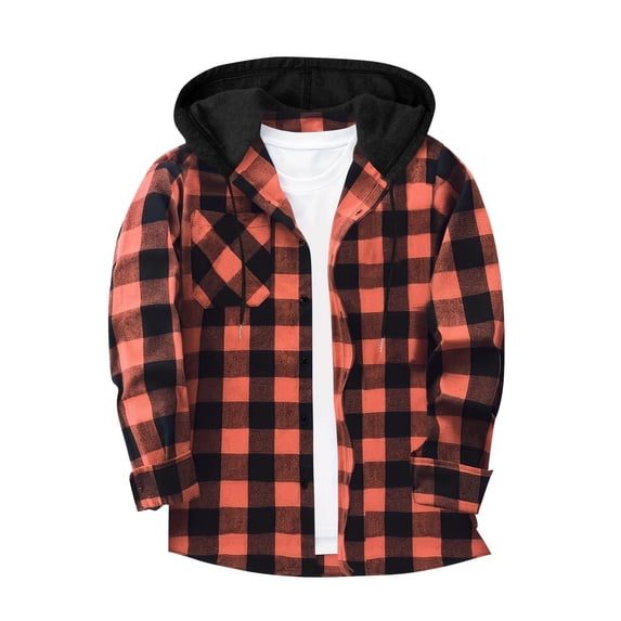FAVIPT Men's Plaid Hoodie Shirt Casual Fashion Fall 2025 Jackets Long Sleeve Button Up Tops Drawstring Pocket Lightweight Flannel Outerwear Pink,M