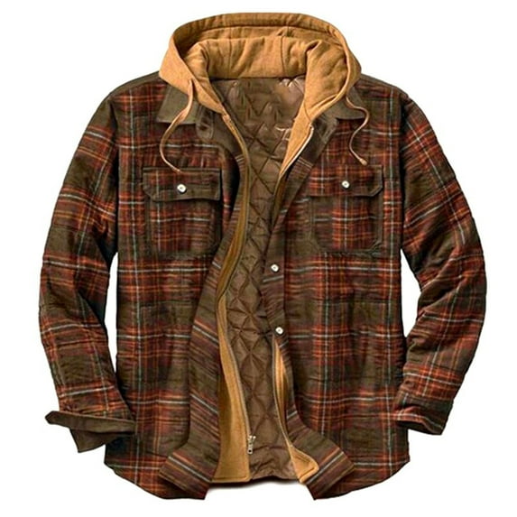 FAVIPT Men's Plaid Shirts Jacket Fleece Lined Flannel Shirt Hoodie Sherpa Button Down Jackets with Hood for Men 2024 Brown,XXXL