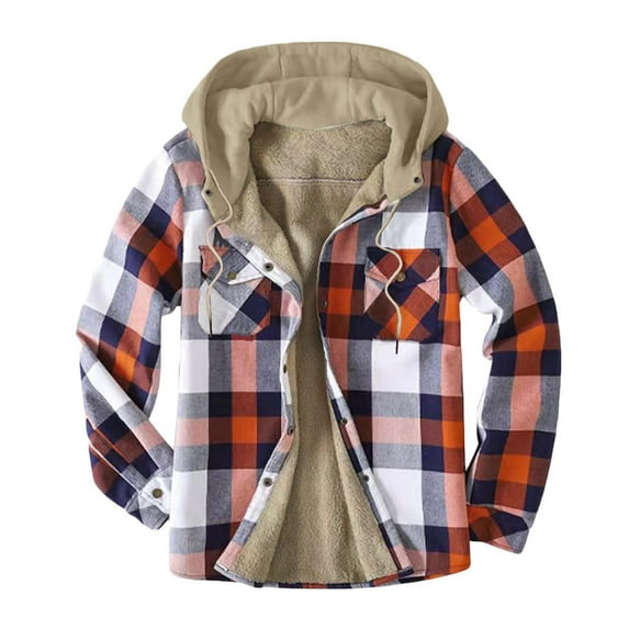 FAVIPT Men's Plaid Shirts Jacket Fleece Lined Flannel Shirt Hoodie Sherpa Button Down Jackets with Hood for Men 2024 Orange M