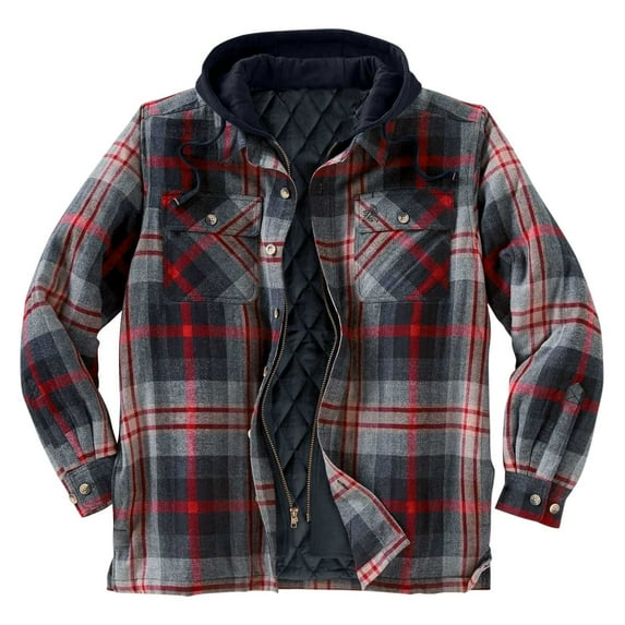 FAVIPT Men's Plaid Shirts Jacket Fleece Lined Flannel Shirt Hoodie Sherpa Button Down Jackets with Hood for Men 2024 Wine,L